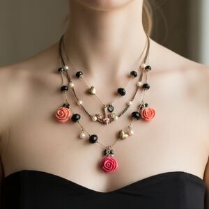 Betsey Johnson Rare Vintage Rose Multi-Layered (3) Necklace with Floral Accents